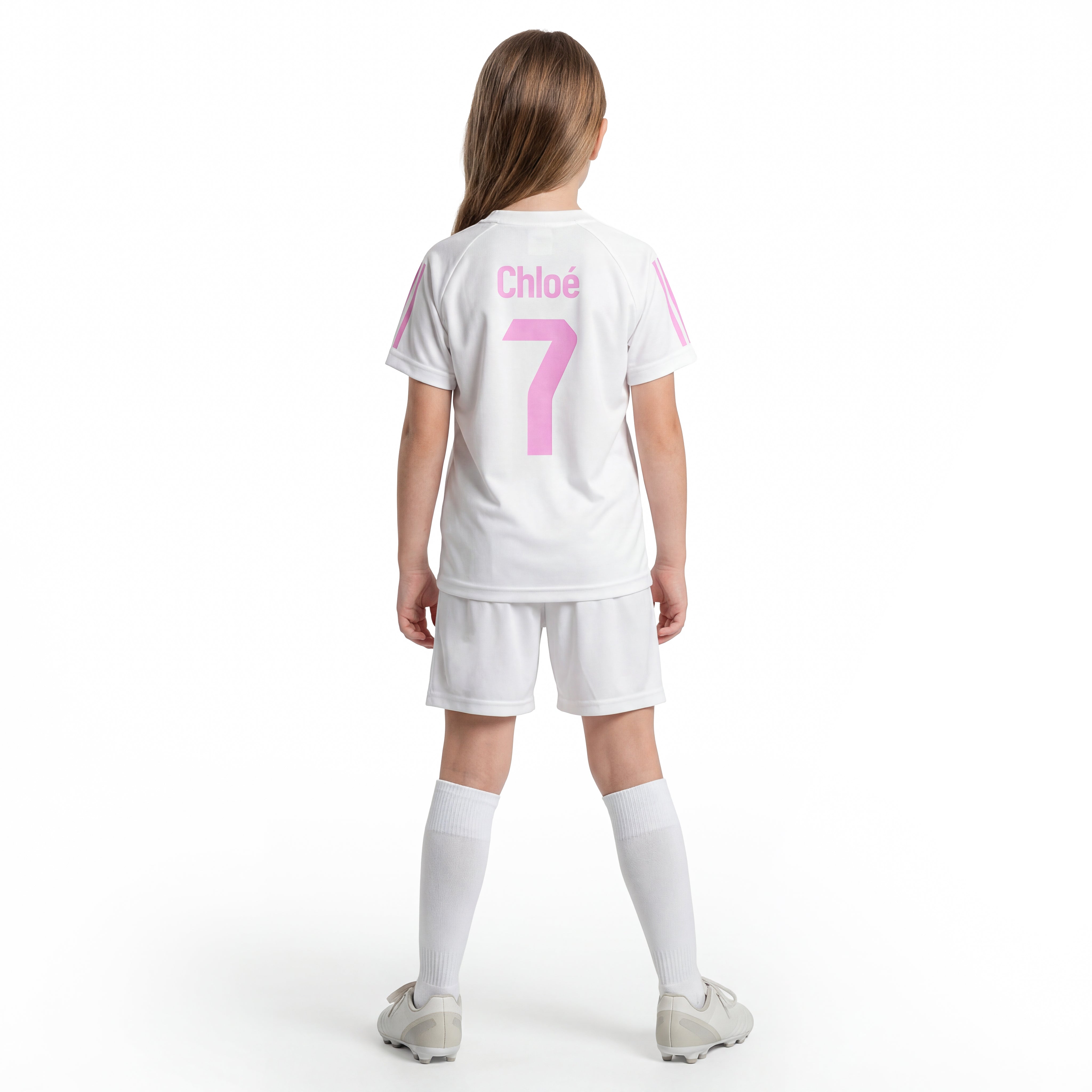 Maillot de football fille blanc personnalisé avec prénom et numéro rose
