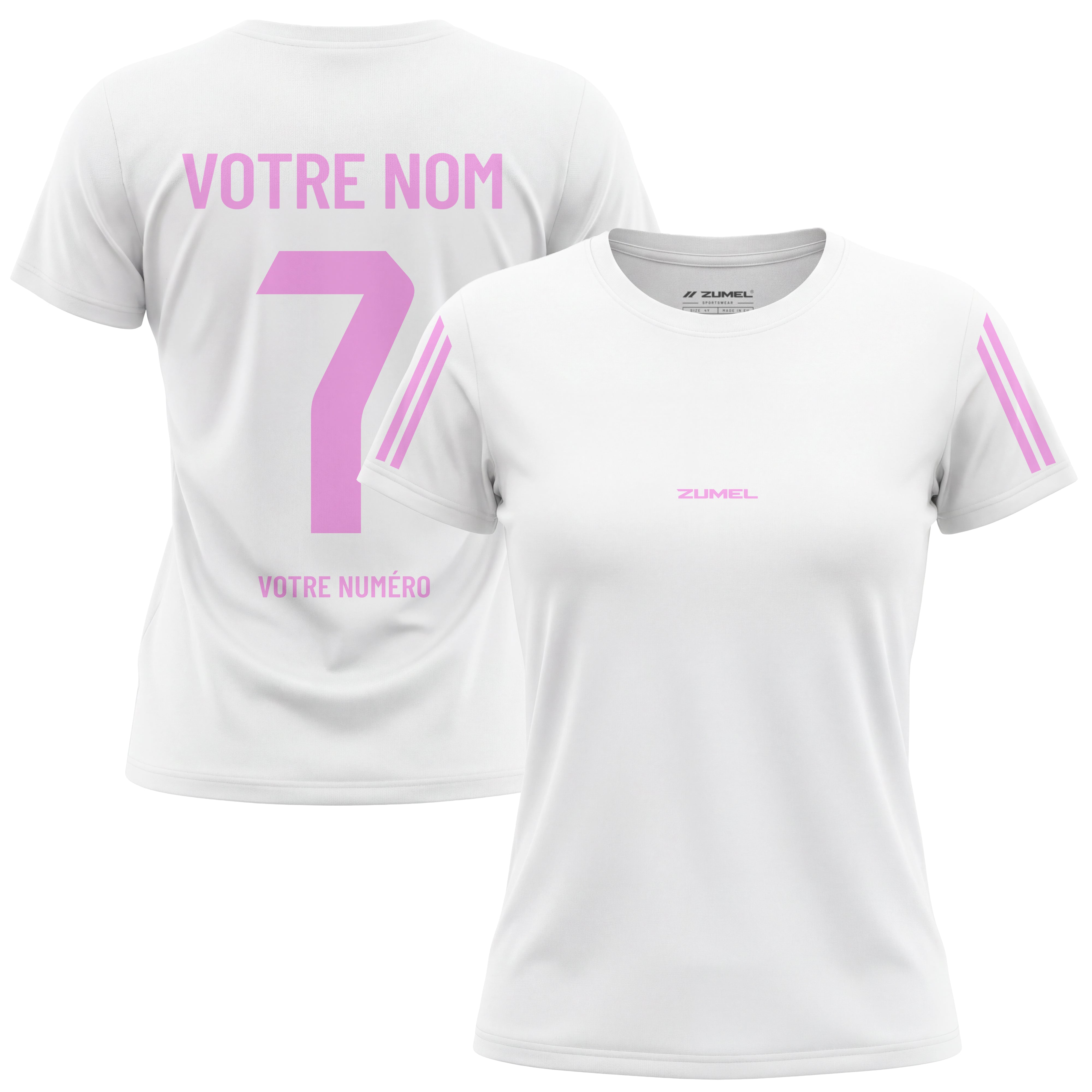 Maillot de football femme blanc personnalisé avec prénom et numéro rose