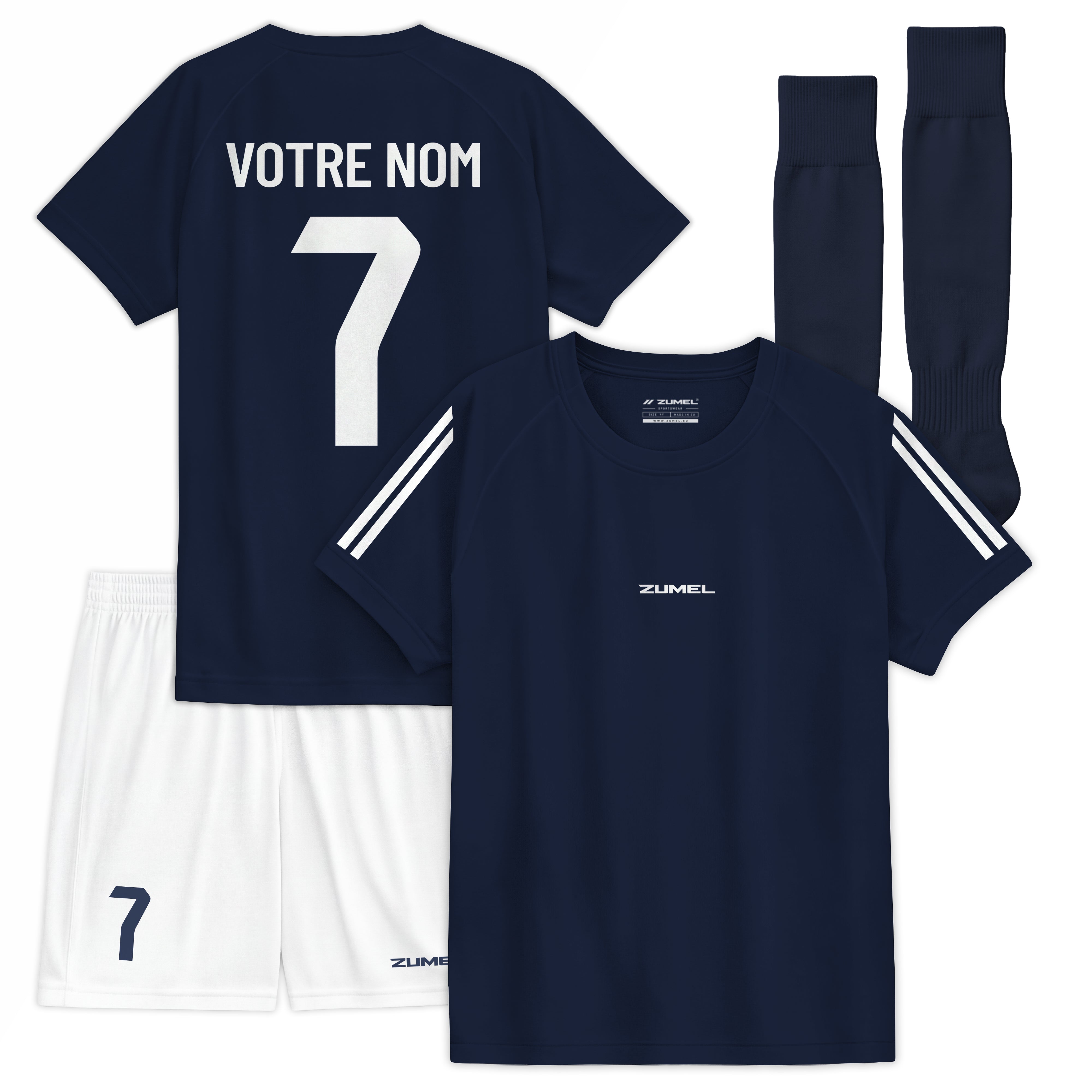 Tenue de football enfant bleu marine personnalisée avec prénom et numéro