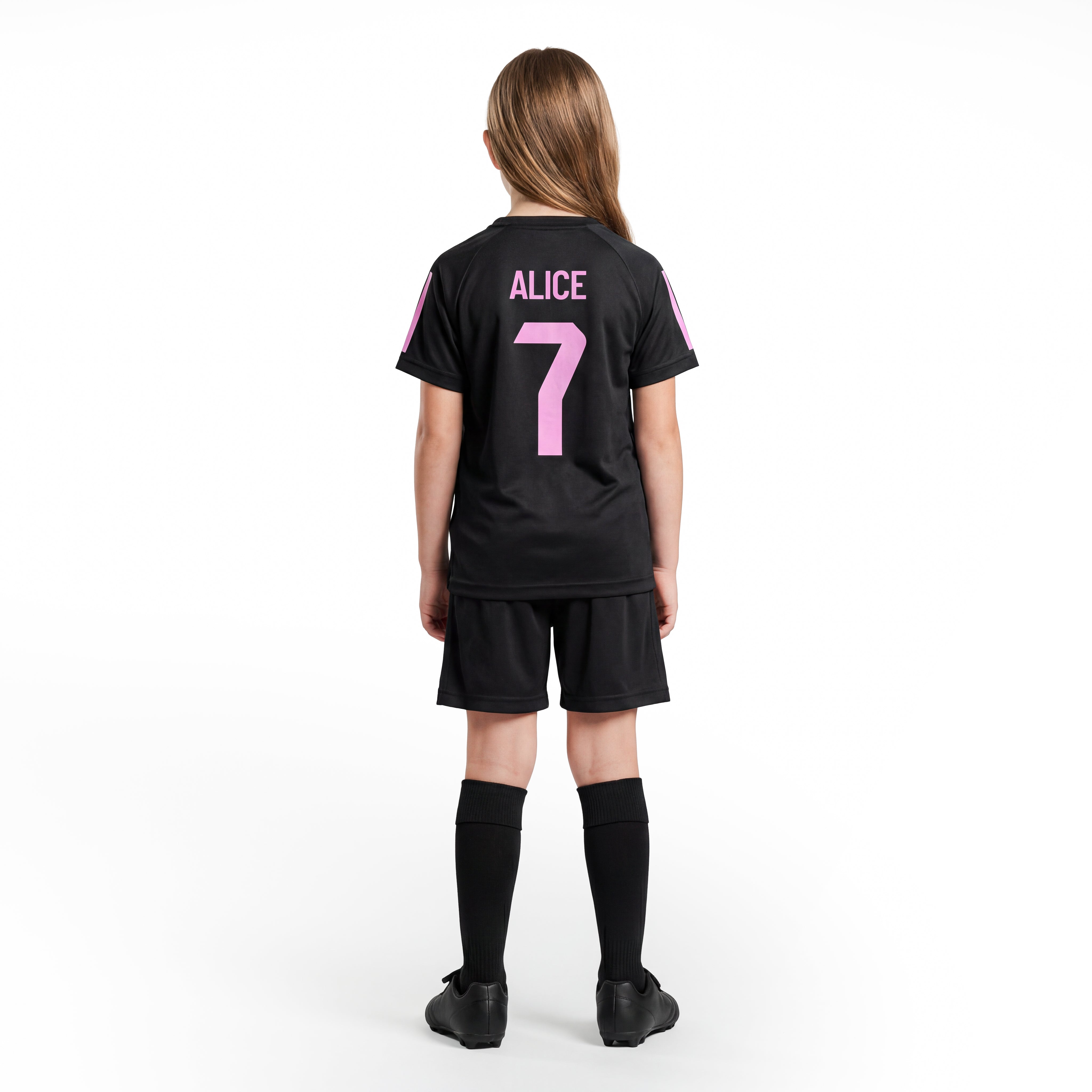 Tenue de football fille noire personnalisée avec prénom et numéro rose