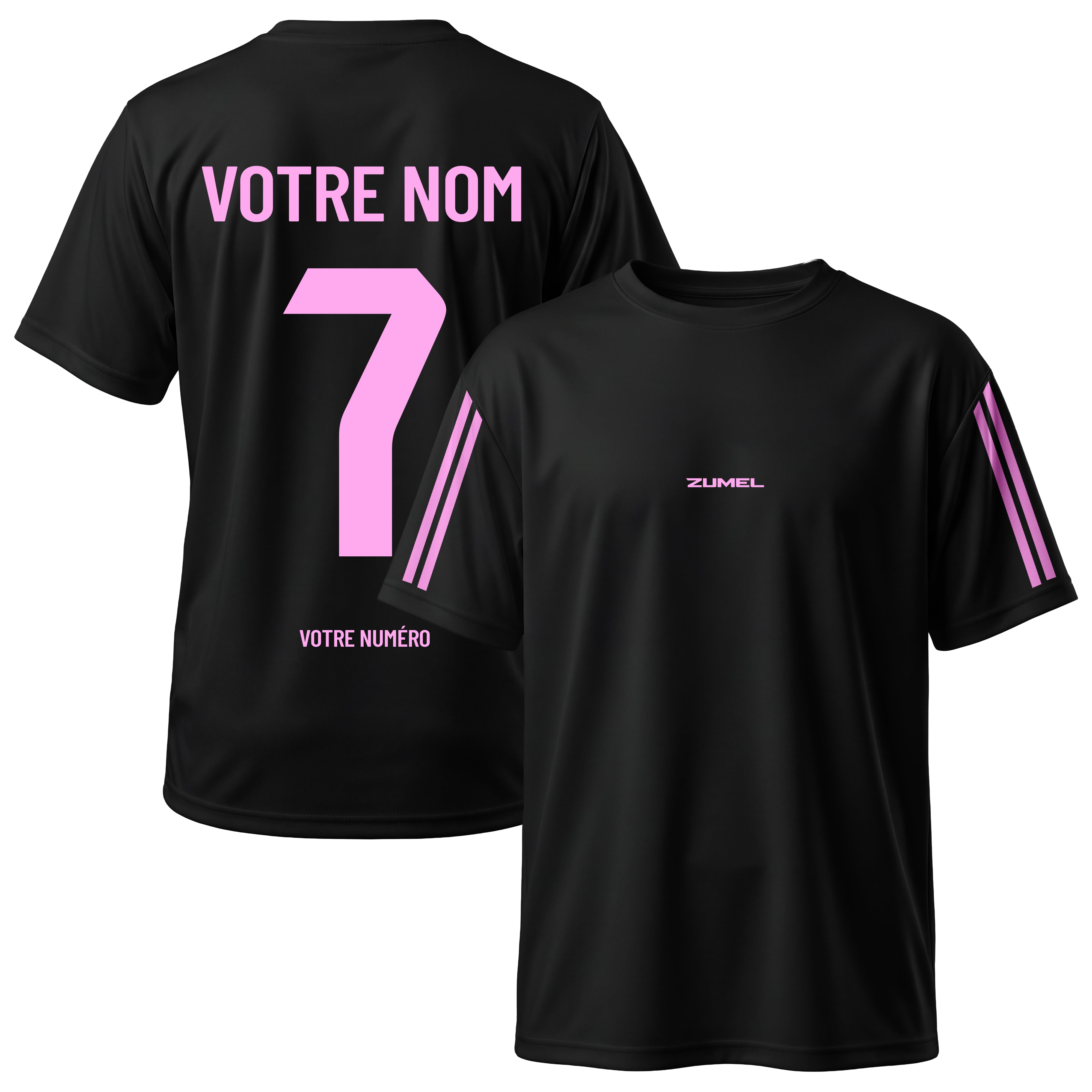 Maillot de football fille noir personnalisé avec prénom et numéro rose