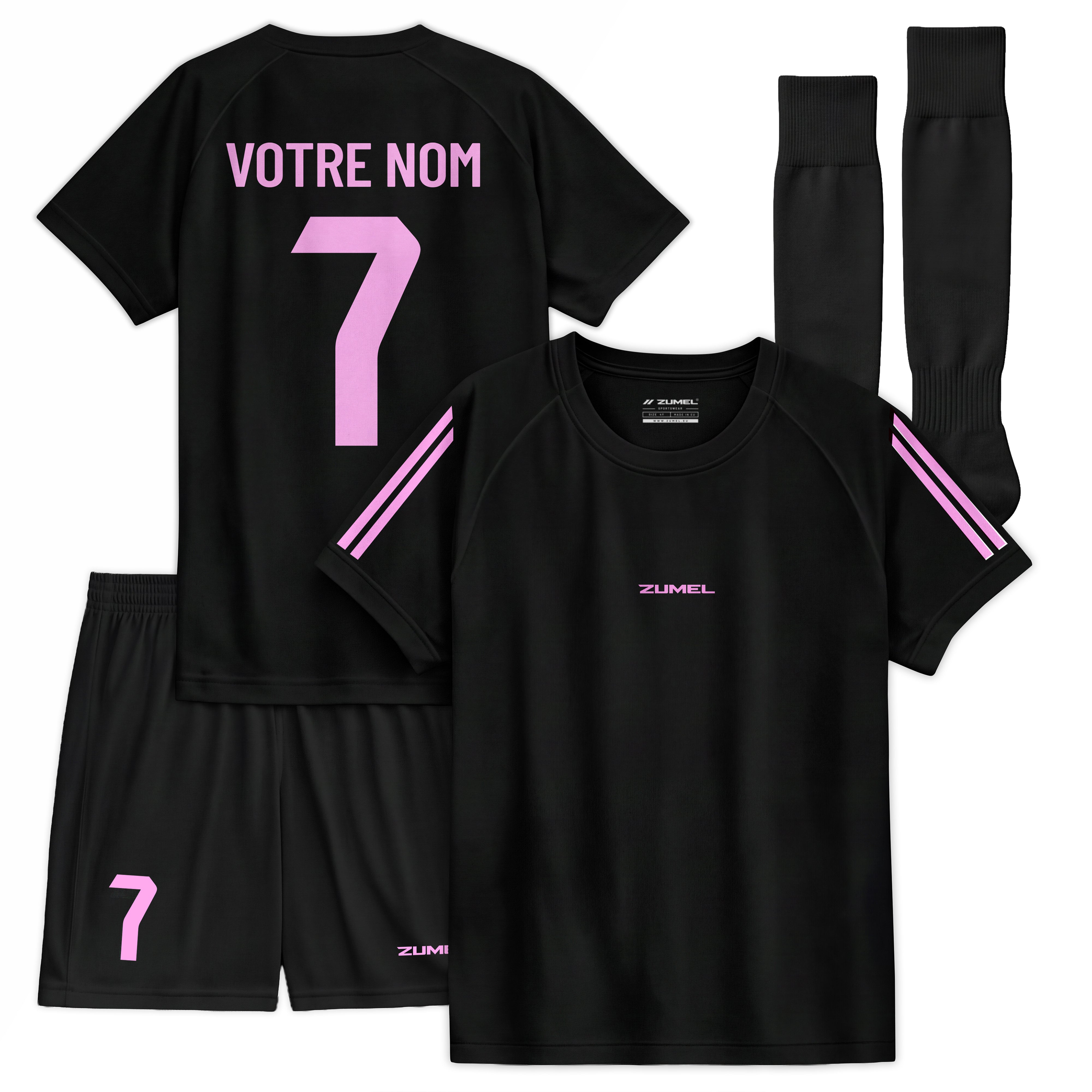 Tenue de football fille noire personnalisée avec prénom et numéro rose