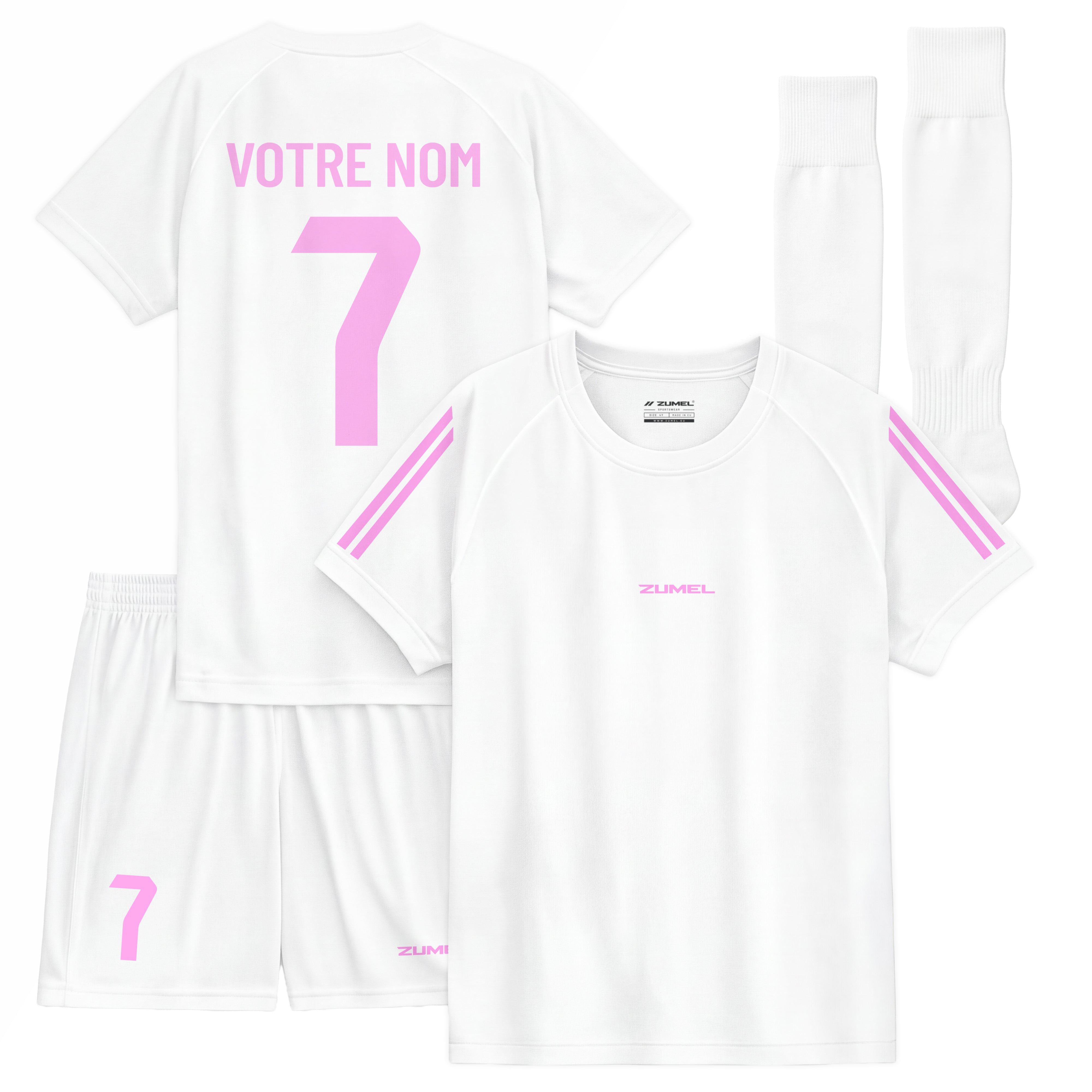Tenue de football fille blanche personnalisée avec prénom et numéro rose