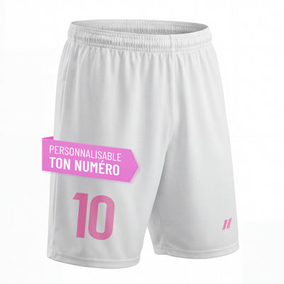 Short de football fille blanc personnalisé avec numéro rose