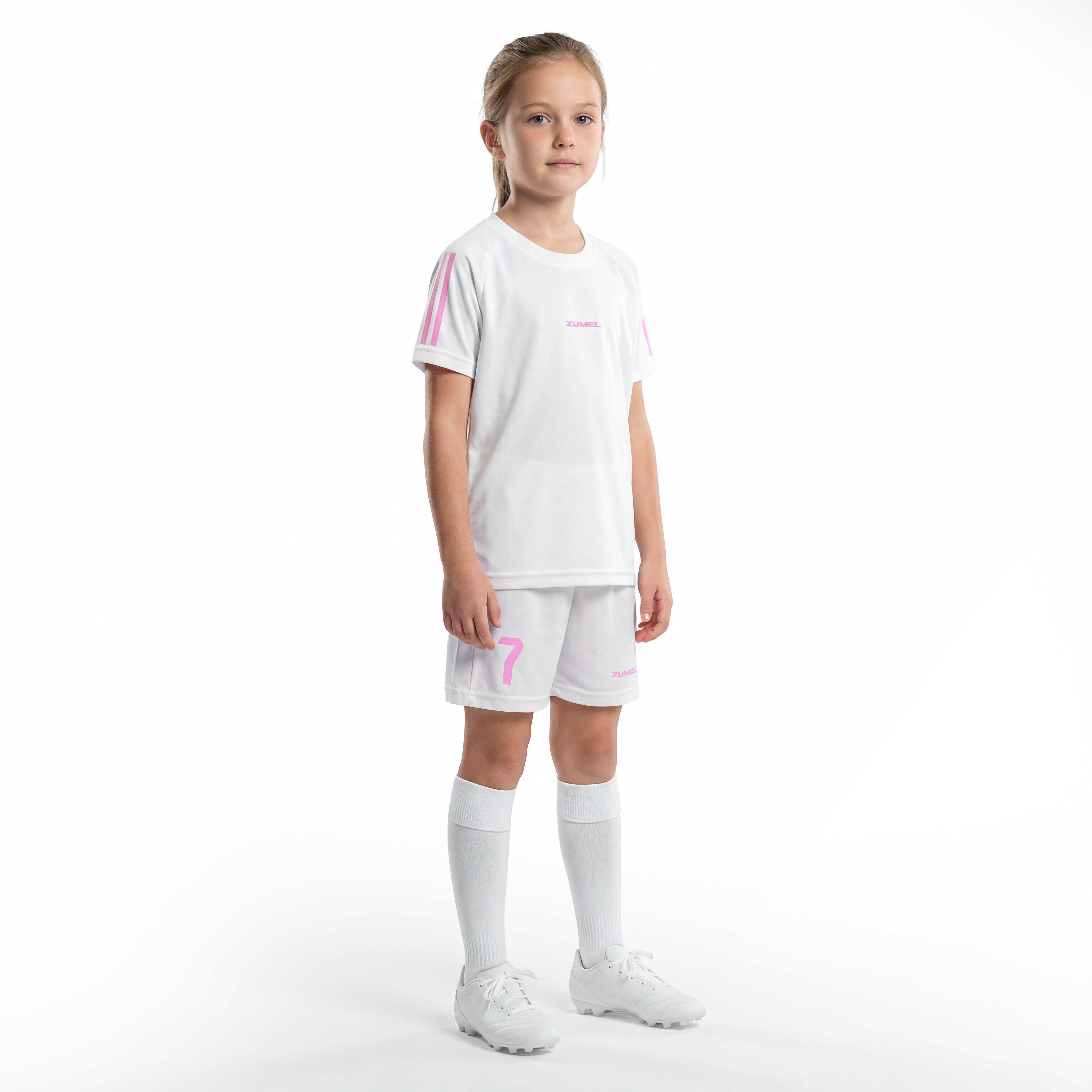 Tenue de football fille blanche personnalisée avec prénom et numéro rose