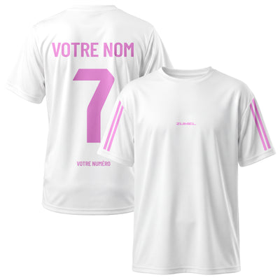 Maillot de football fille blanc personnalisé avec prénom et numéro rose