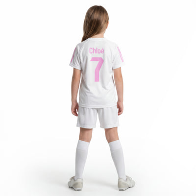 Maillot de football fille blanc personnalisé avec prénom et numéro rose