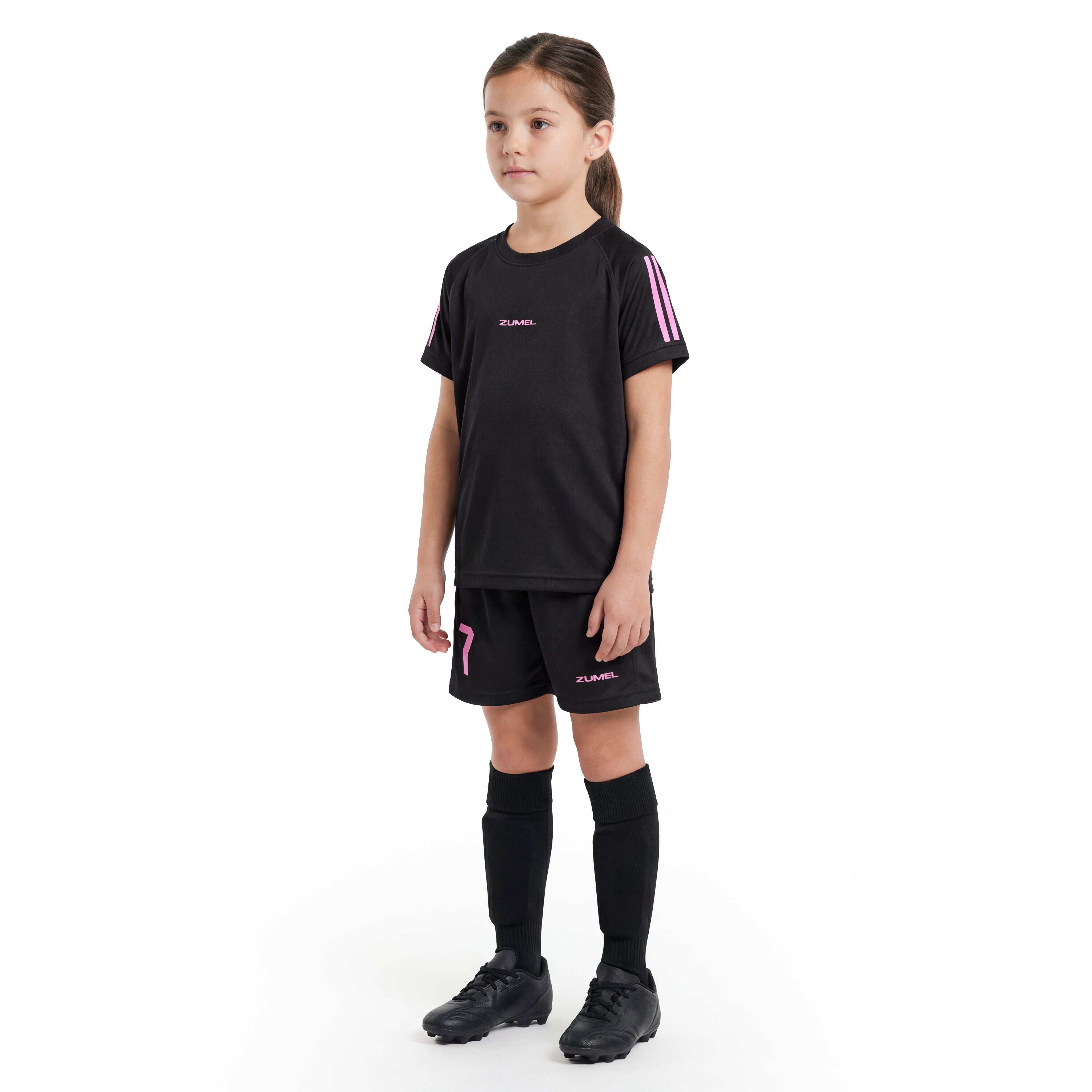 Tenue de football fille noire personnalisée avec prénom et numéro rose