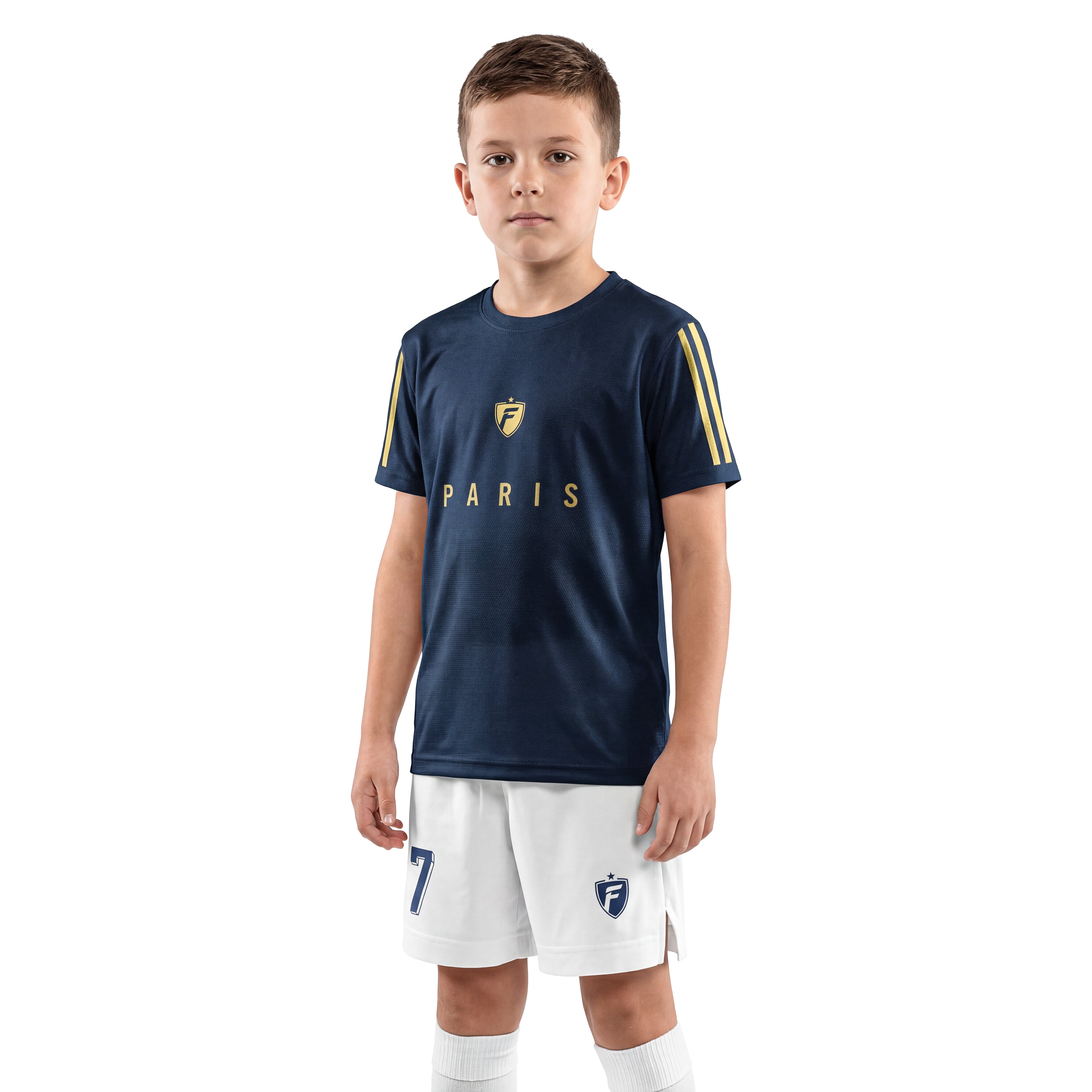 Maillot de football enfant personnalisé bleu marine et or
