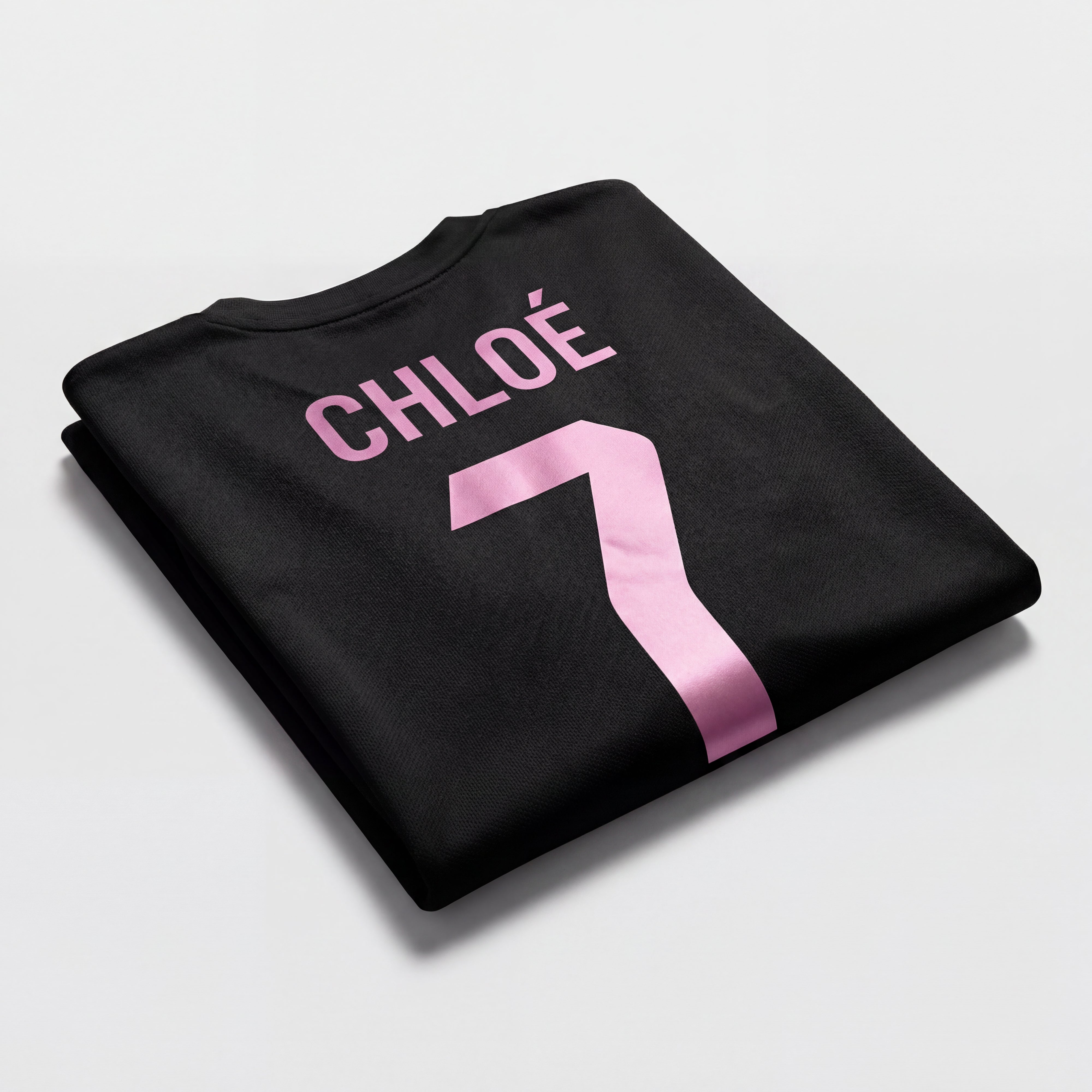 Maillot de football femme noir personnalisé avec prénom et numéro rose