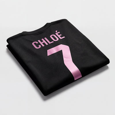 Tenue de football fille noire personnalisée avec prénom et numéro rose