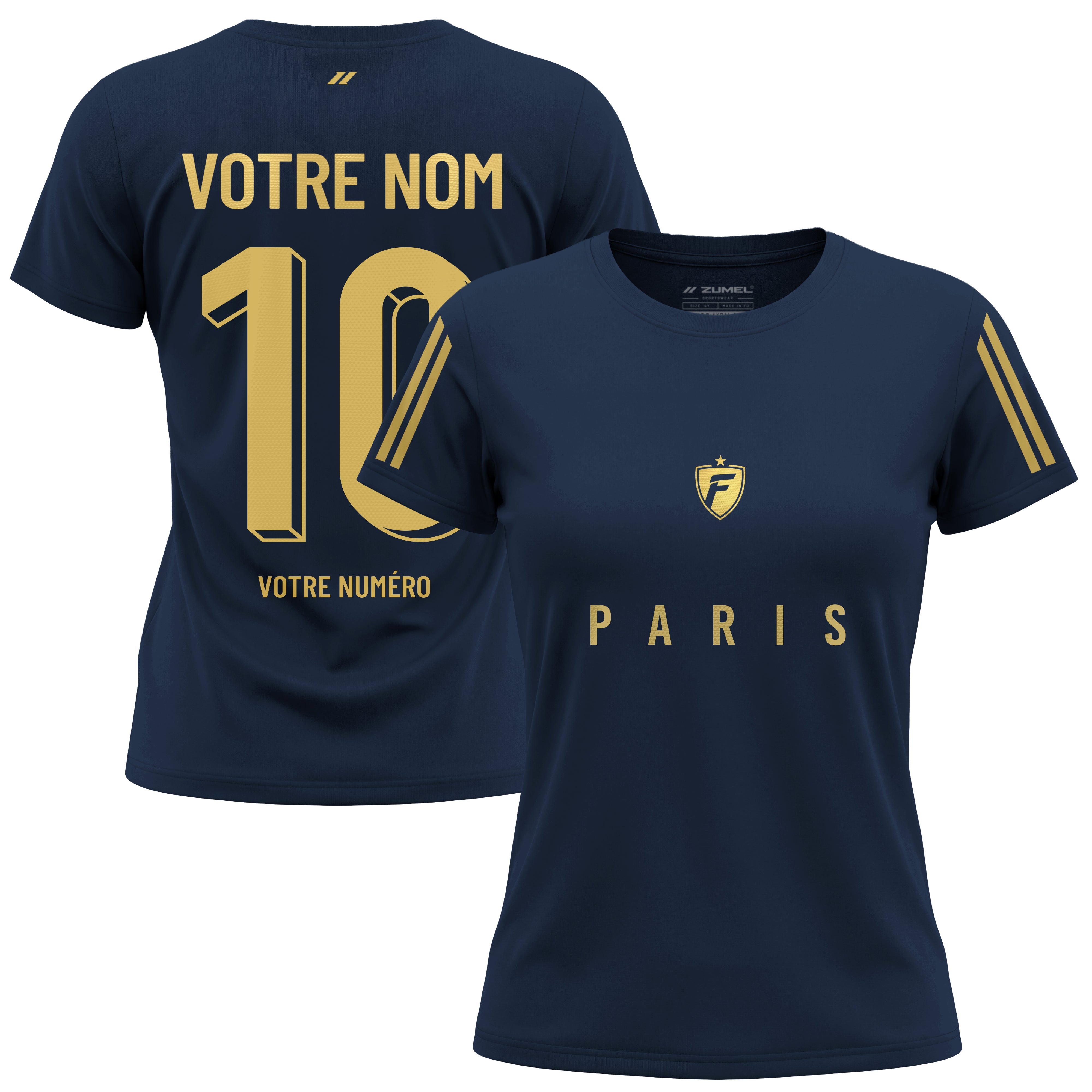 Maillot de football femme personnalisé bleu marine et or