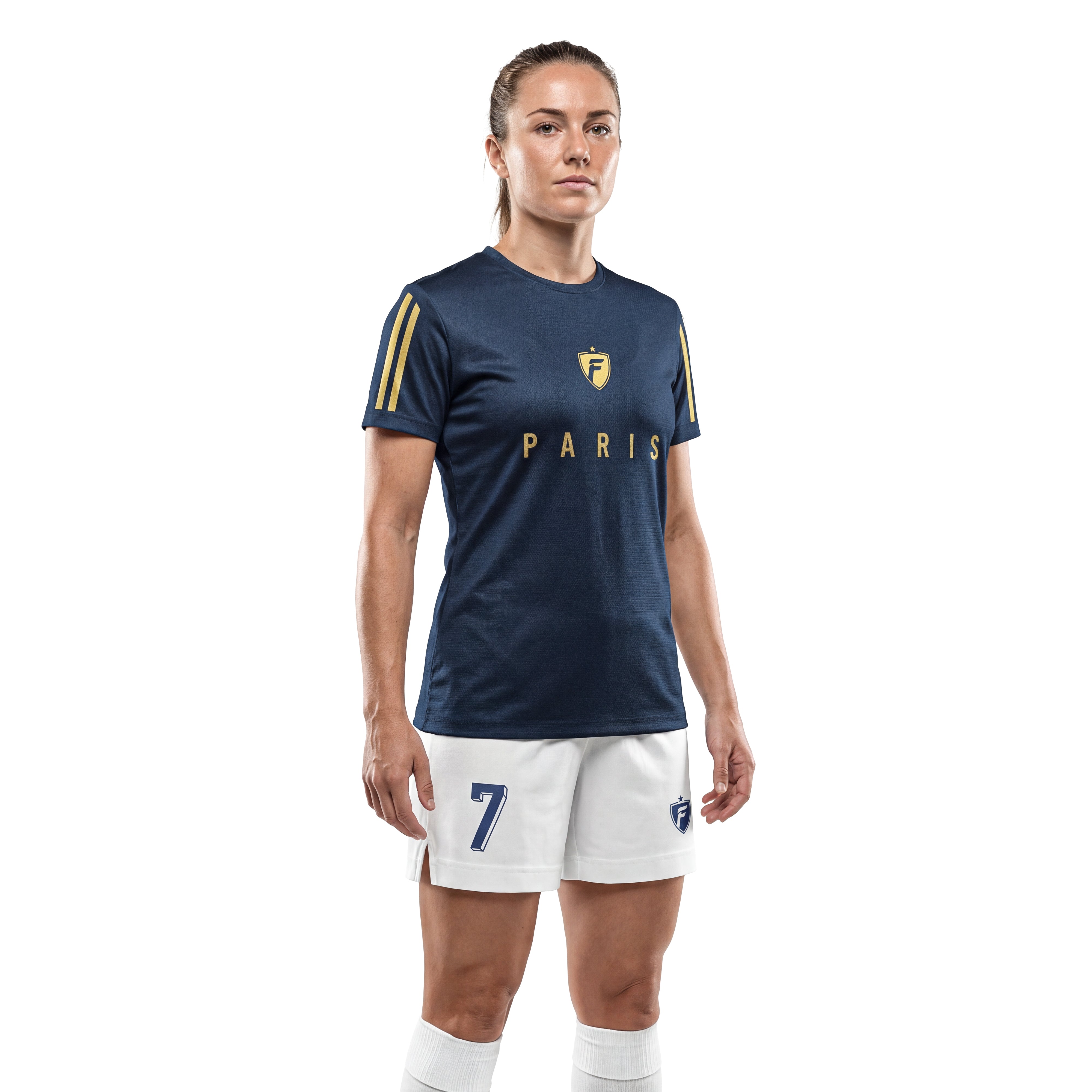 Maillot de football femme personnalisé bleu marine et or