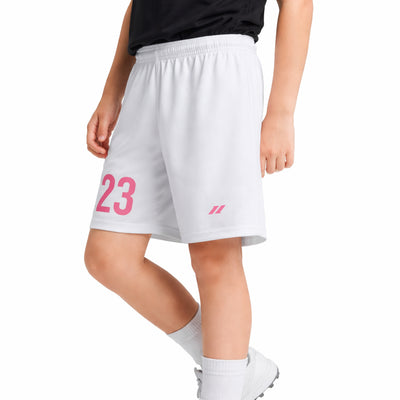 Short de football fille blanc personnalisé avec numéro rose