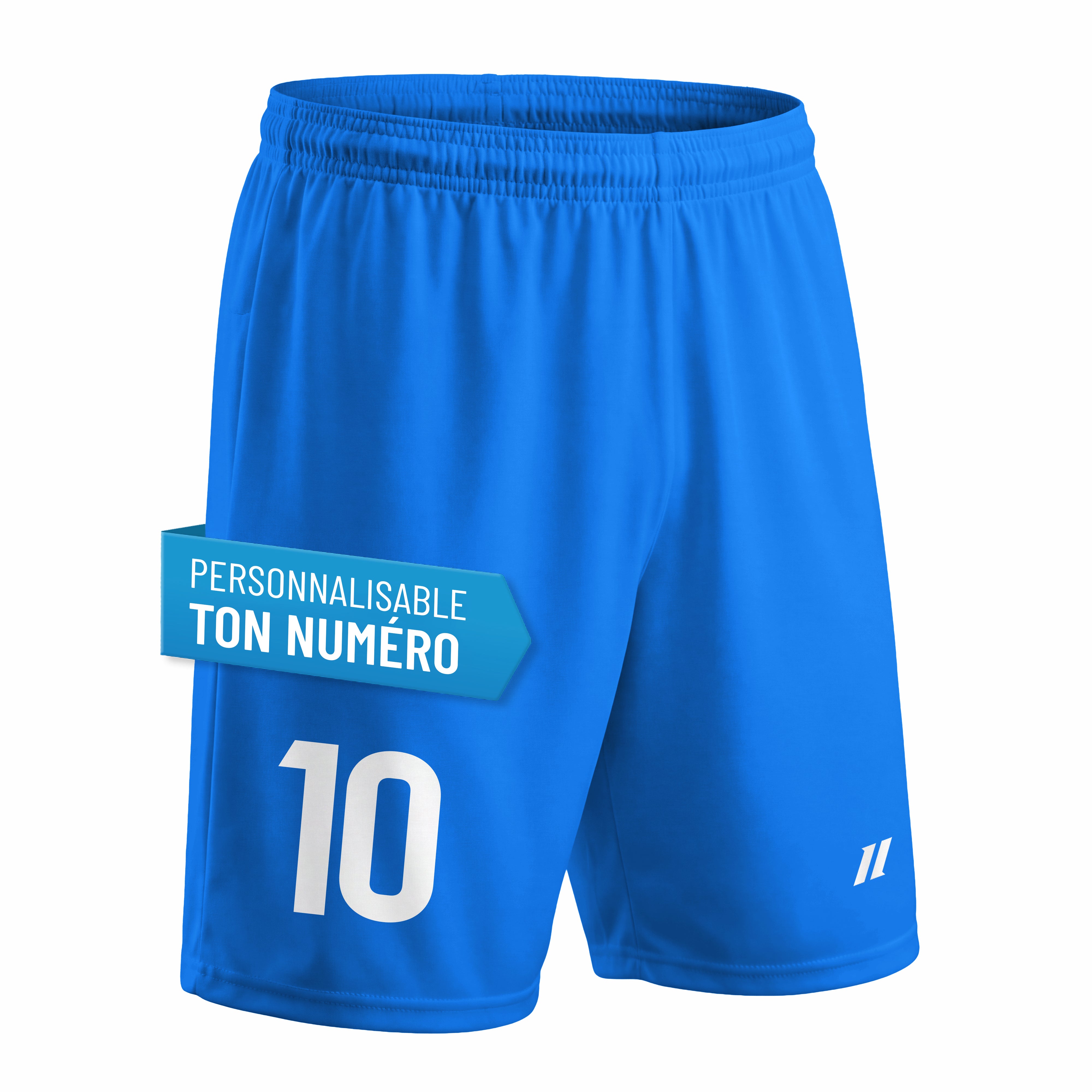 Short de football enfant bleu personnalisé avec numéro