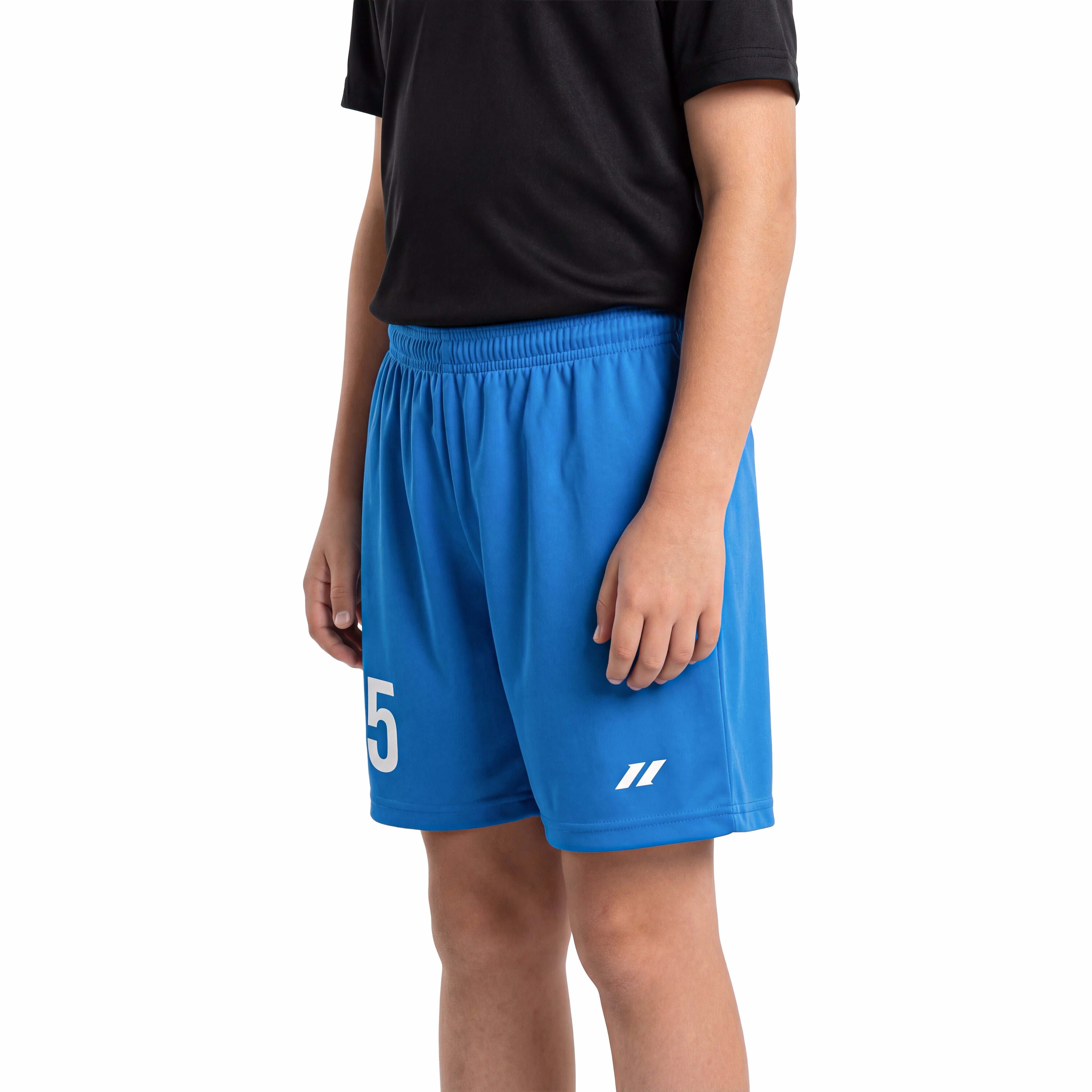 Short de football enfant bleu personnalisé avec numéro