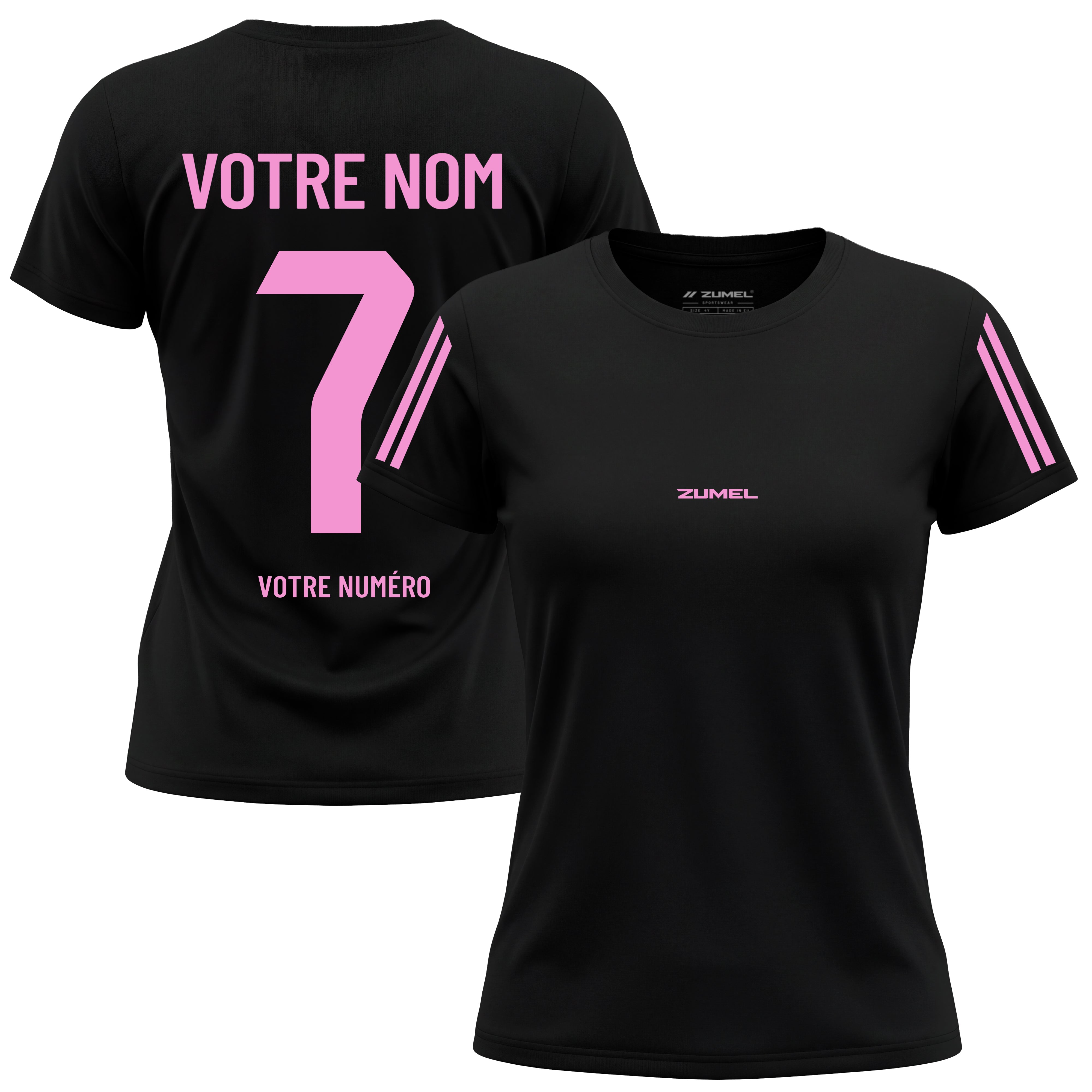Maillot de football femme noir personnalisé avec prénom et numéro rose