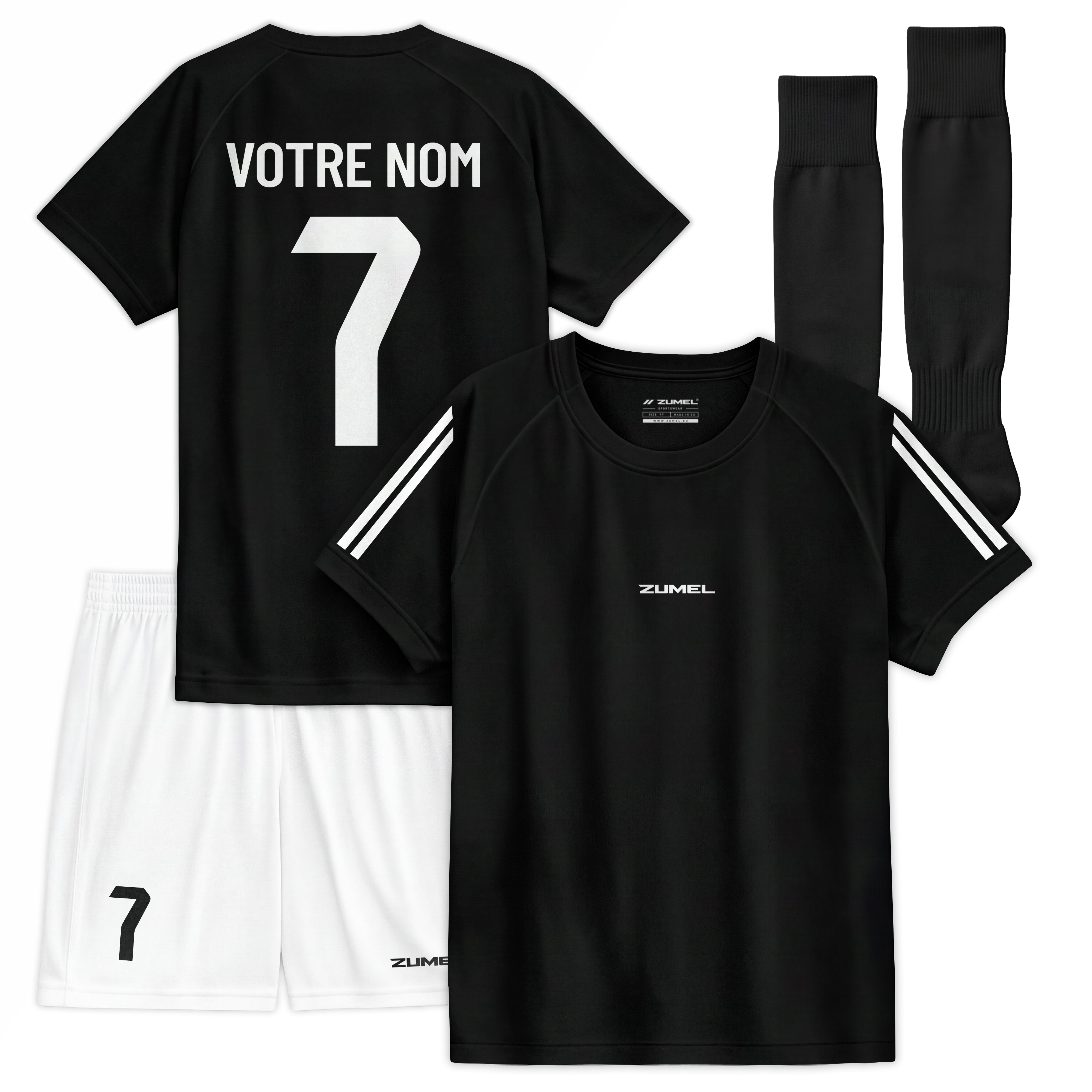 Tenue de football enfant noire avec prénom et numéro